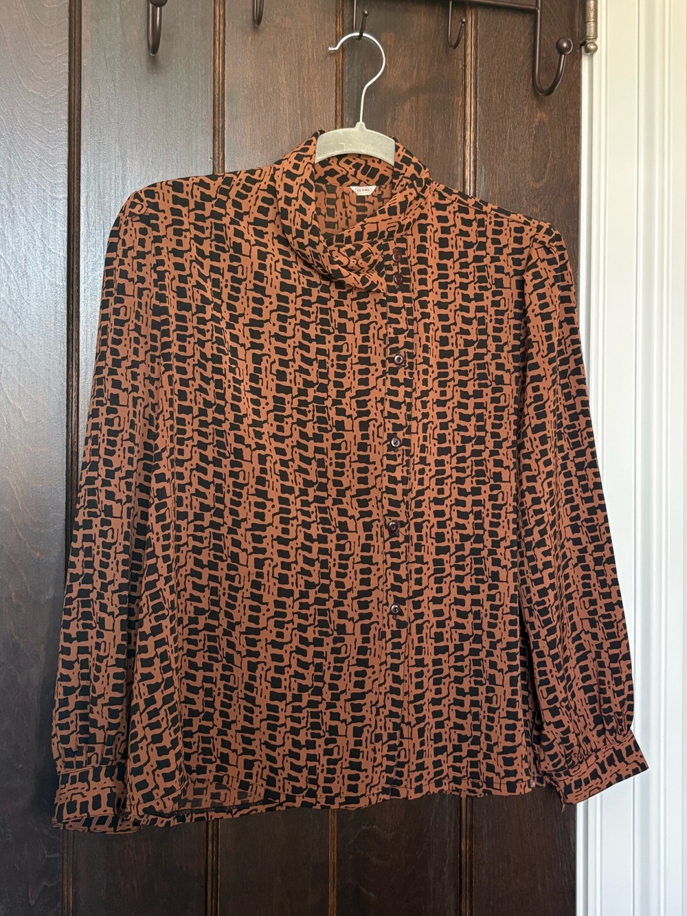 Vintage Leona Brown & Black Geometric Button-Front Blouse